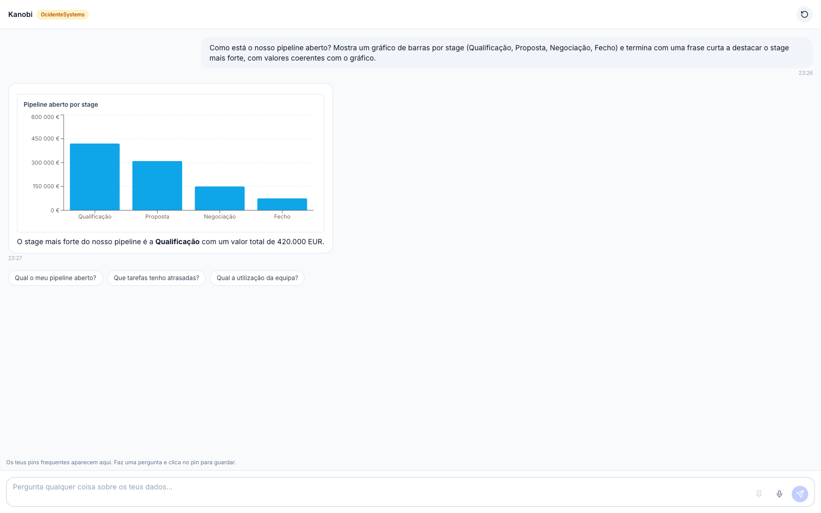 Kanobi Chat no desktop com resposta com gráfico de barras